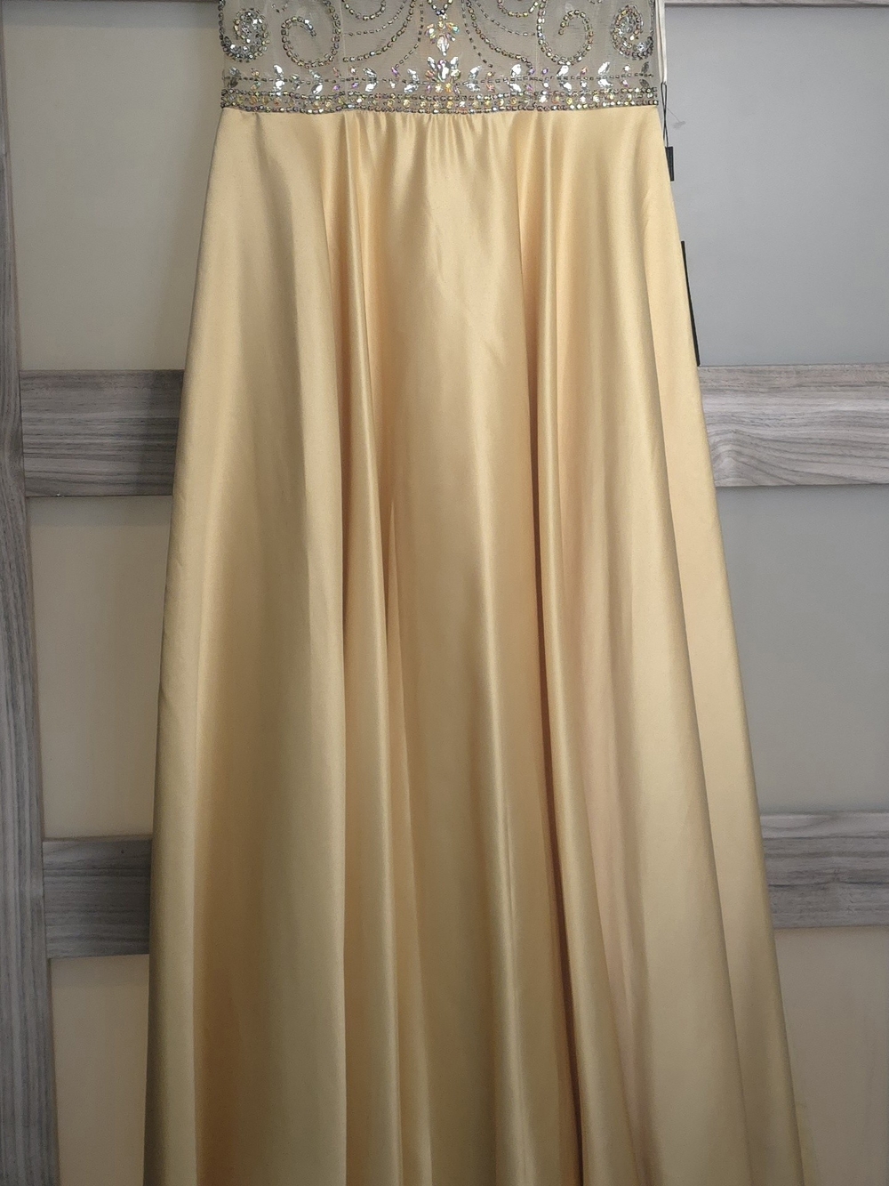 Nox Anabel Gold Satin Beaded Crystal Illusion Neck Prom Gown - NWT Size L